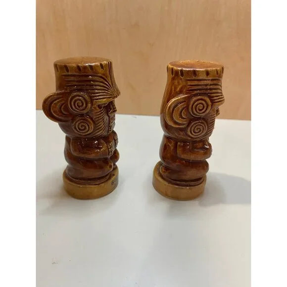 Vintage Bob Lees Islander Tiki Salt & Pepper Shaker Set Ceramic Brown Polynesian - Picture 5 of 11